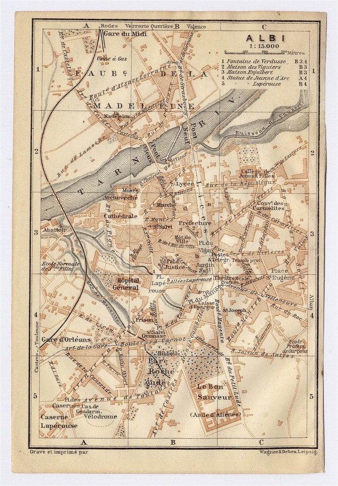1914 Antique City Map Of Albi / Midi-Pyrenees / France