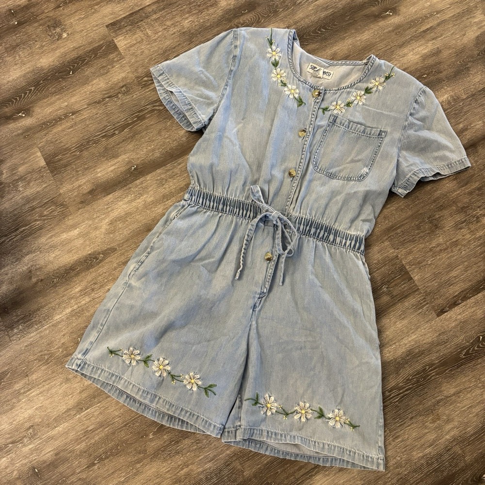 Sun River Clothing Co 90s Chambray Denim Embroidered Romper