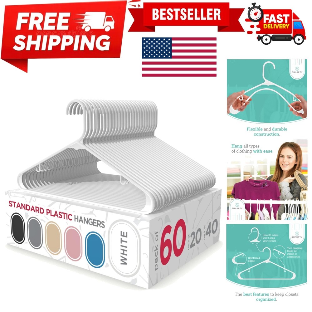 Reinforced White Plastic Hangers - 60-Piece Space Saving for Organized Closets