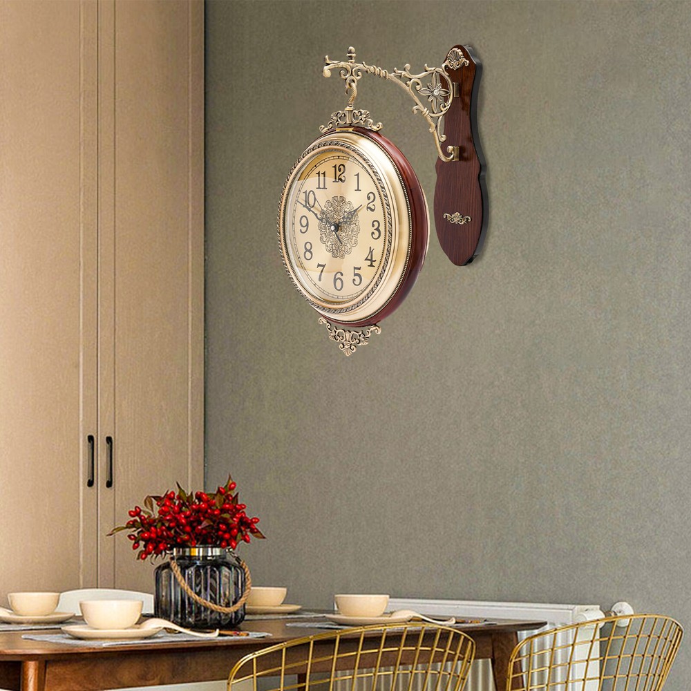 Vintage Wall Clock Quartz Clock Silent Non-Ticking Clock Wooden Double Sided NEW