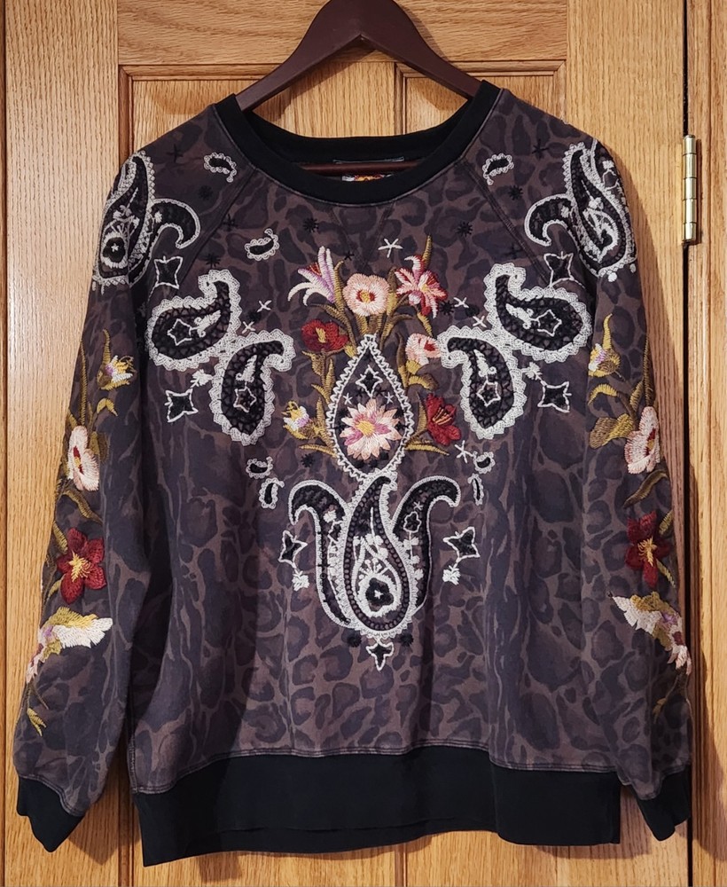 Johnny Was Sweatshirt Wendy Women Black Leopard Floral Embroidery Sz S Boho FLAW