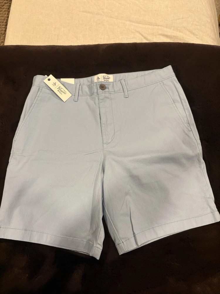 Original Penguin Men’s Chino Shorts Light Blue Cotton Flat Front Size 34