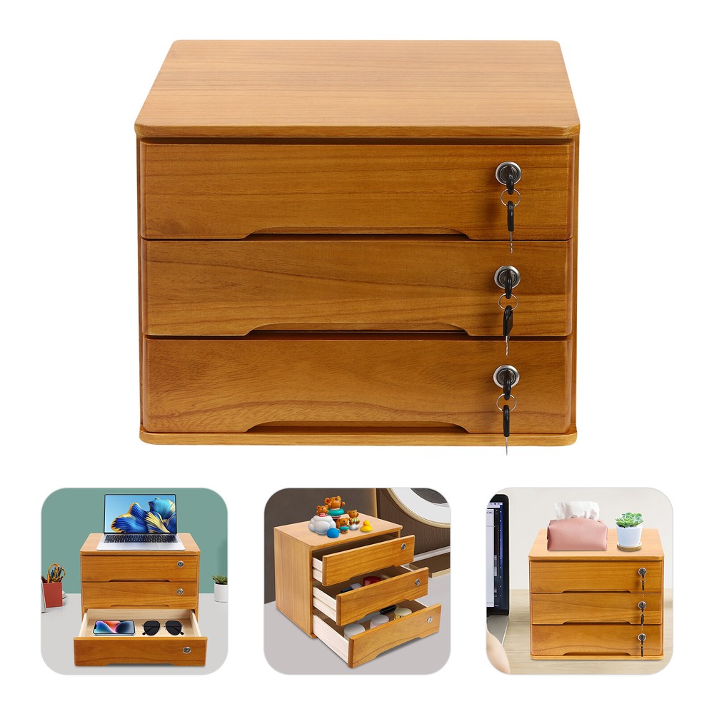 3-Tier Tung Wooden Storage Cabinet with Lockable Drawers Home & Office US
