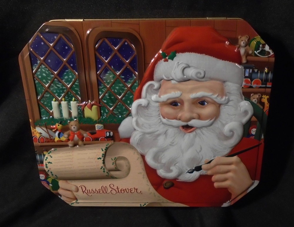 Russell Stover Christmas Candy Tin Cookie Box Santa Claus Making his List