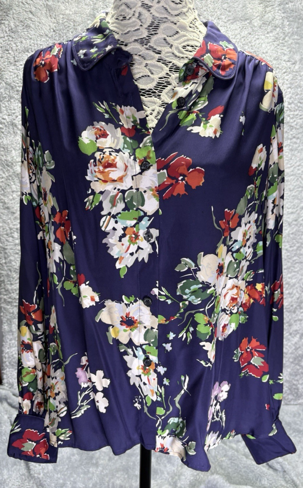 Silk Blouse Size 2 Medium Blue Floral Collar Button Up Never Worn