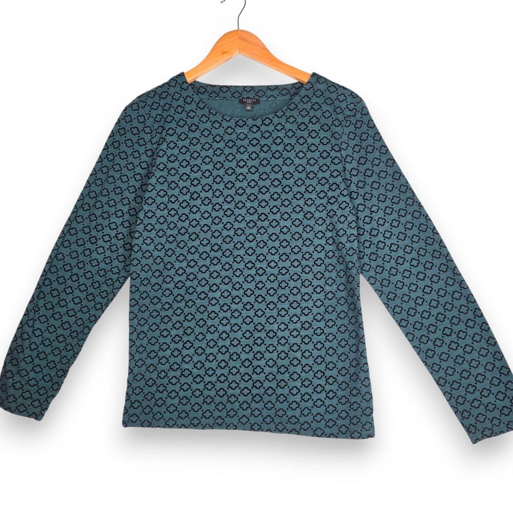 Talbots Long Sleeve Green Top Petite Large Black Velvet Geo-Print 100% Cotton