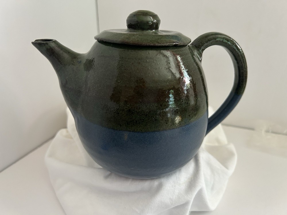 Ceramic Pottery Teapot Round Dark Green Blue Glossy Glaze with Lid