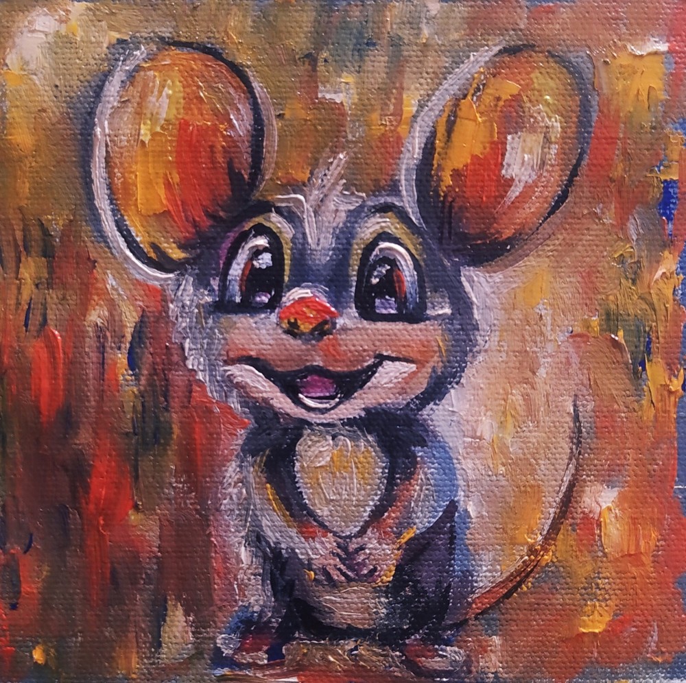 art 362 original painting  oil on canvas Cheerful Anime Mouse  — 4.7 × 4.7 in