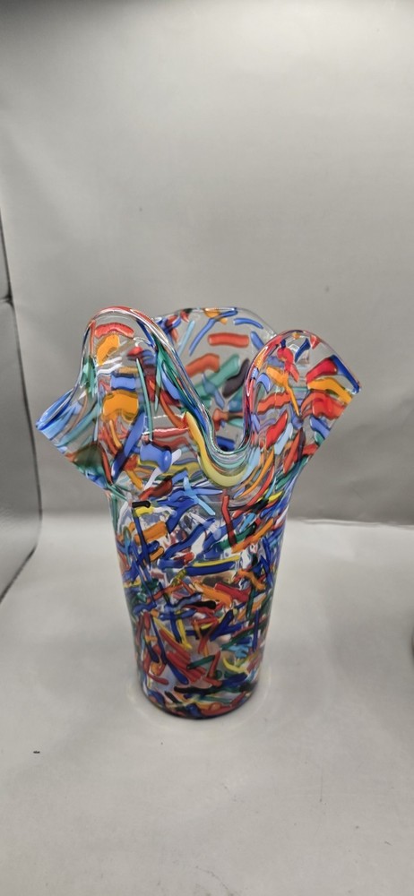 Pier 1 Multi Colored Confetti Art Glass Vase with a Ruffled Edge - Read! - 8 in