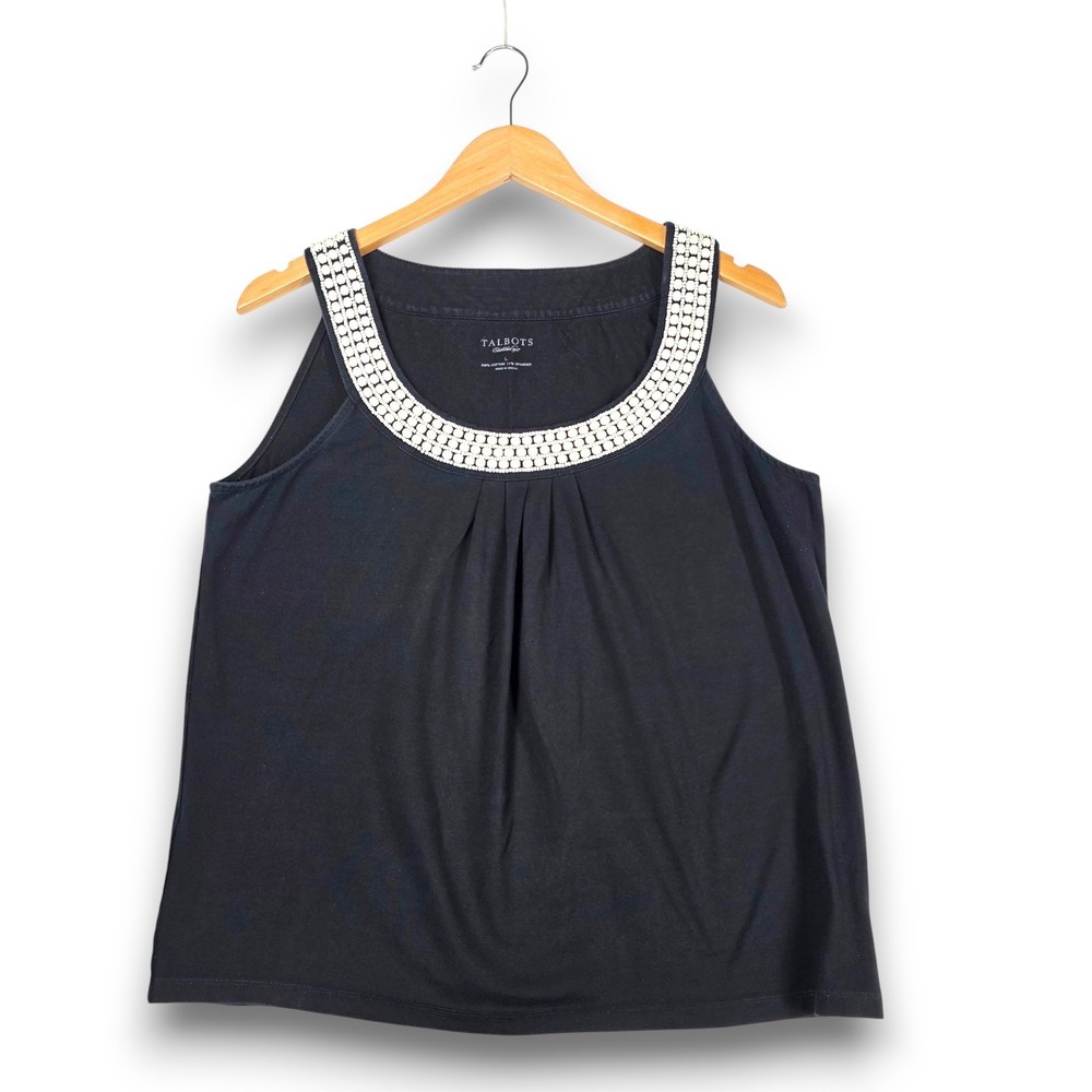 Talbots Black Blouse Sleeveless Shirt Tank Top Beaded Neckline Large Stretch