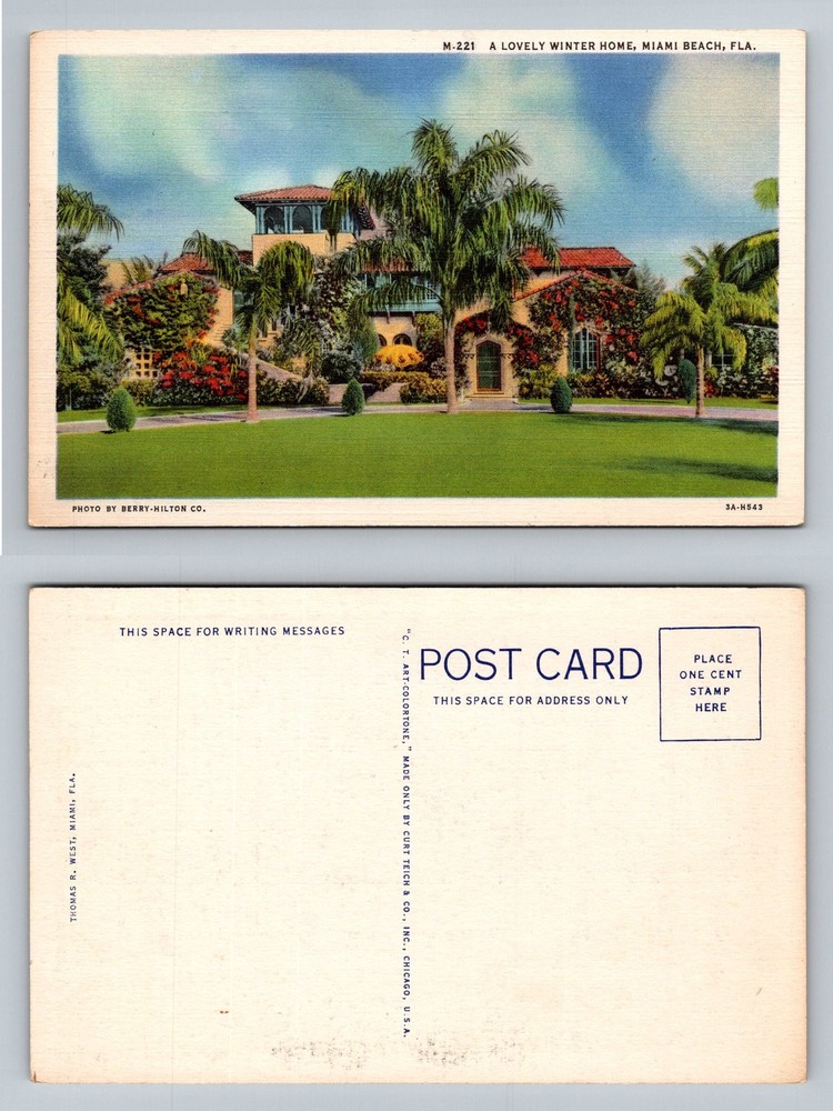 Miami Beach, FL-Florida, Lovely Winter Home & Palm Garden Vintage Postcard