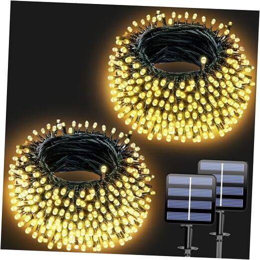 Solar String Lights Outdoor, 2 Pack 66FT 200 LEDs 66 FT, 2 Pack Warm White