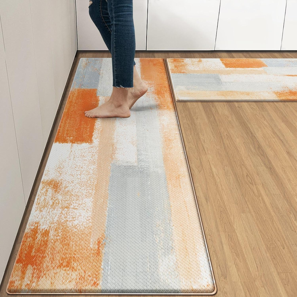 Anti-Fatigue Kitchen Rug Set of 2 Orange Grey Abstract Cushioned Kitchen Floor M