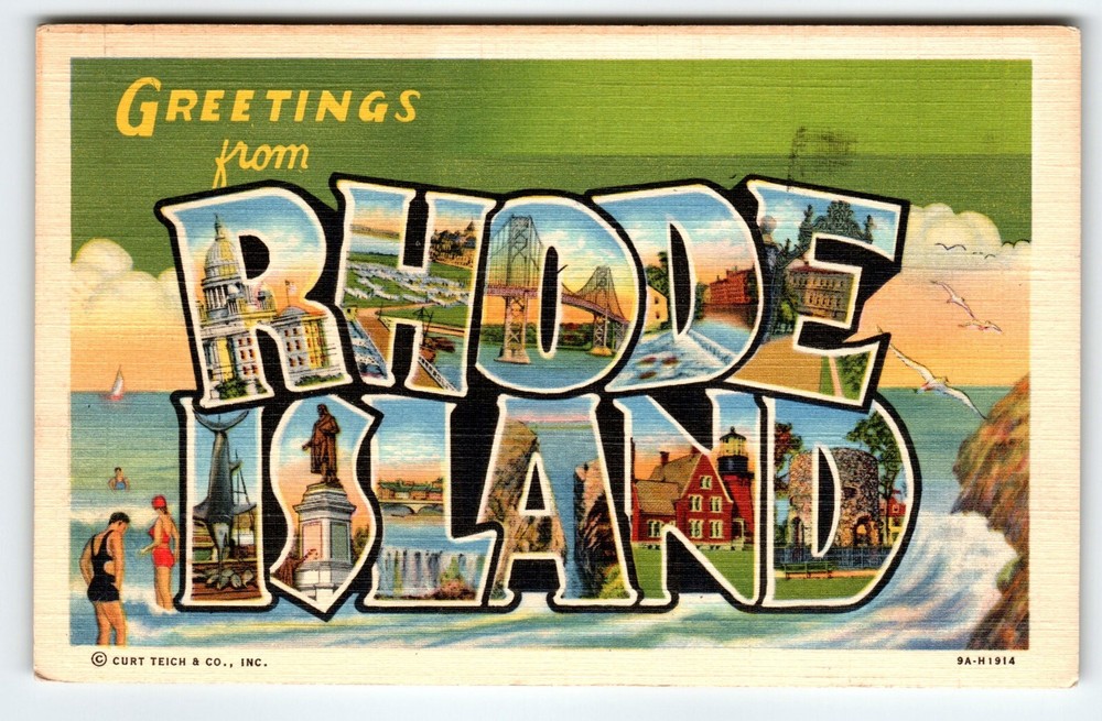 Greetings From Rhode Island Large Letter Postcard Ocean Swimmer Linen Curt Teich