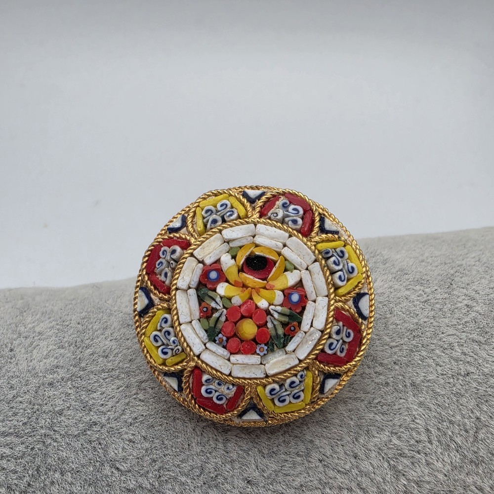 Vtg Micro Mosaic Brooch Round Pin Gold Tone Yellow Red Made In Italy READ Repair