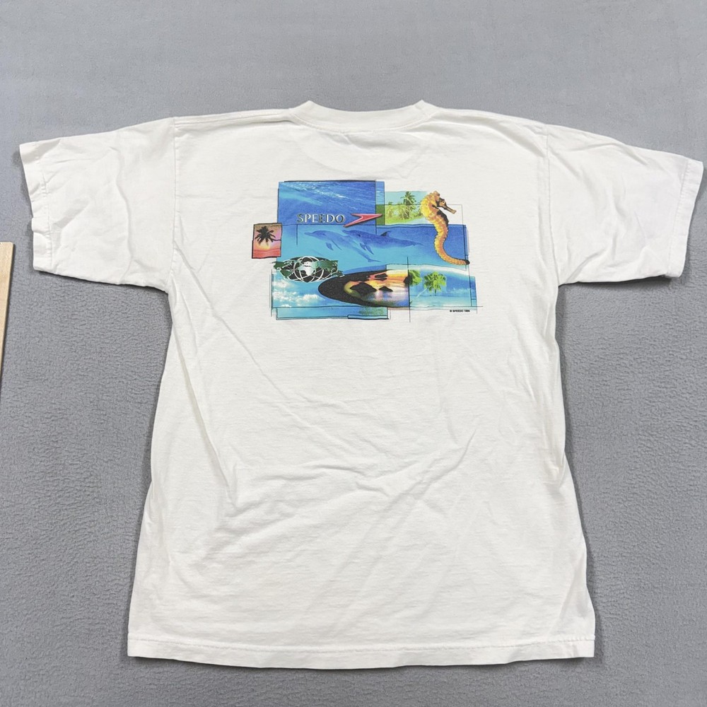 Vintage Speedo Shirt Mens Large White Dolphin Seahorse Sea Life Graphic 1999