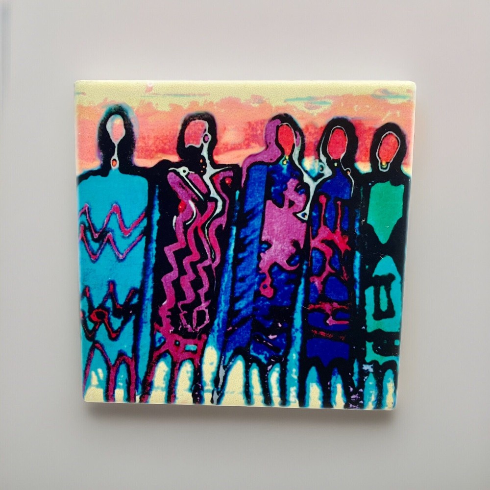 Abstract Art Signed Julie A. Fitzgerald Ceramic Trivet Tile Colorful Women-image