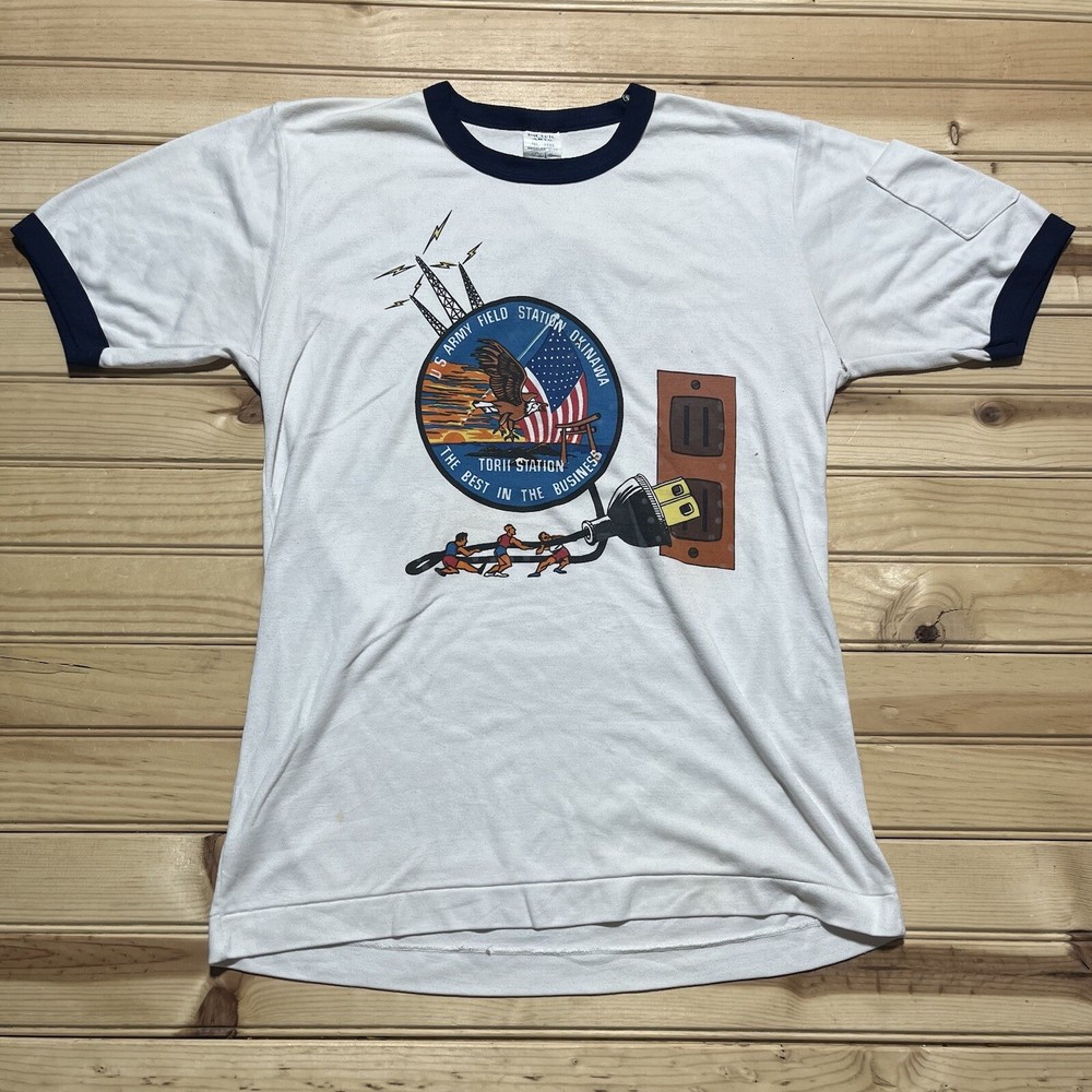 Vintage US Army Okinawa Battle I Pulled The Plug Field Ringer Shirt Size Lg