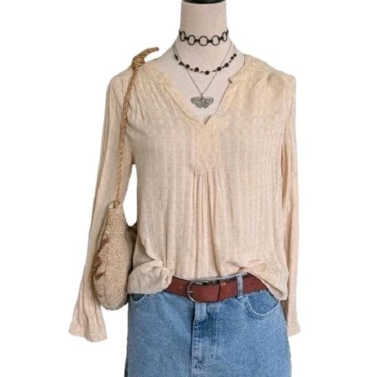 Y2K Beige Peasant Top Womens Boho Long Sleeve Crochet Cottagecore Blouse