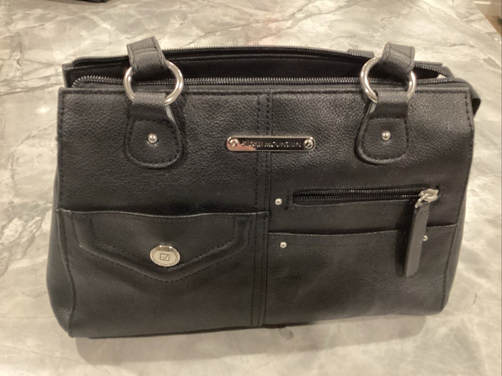 Stone Mountain Double Strap Handbag Purse Black Genuine Leather