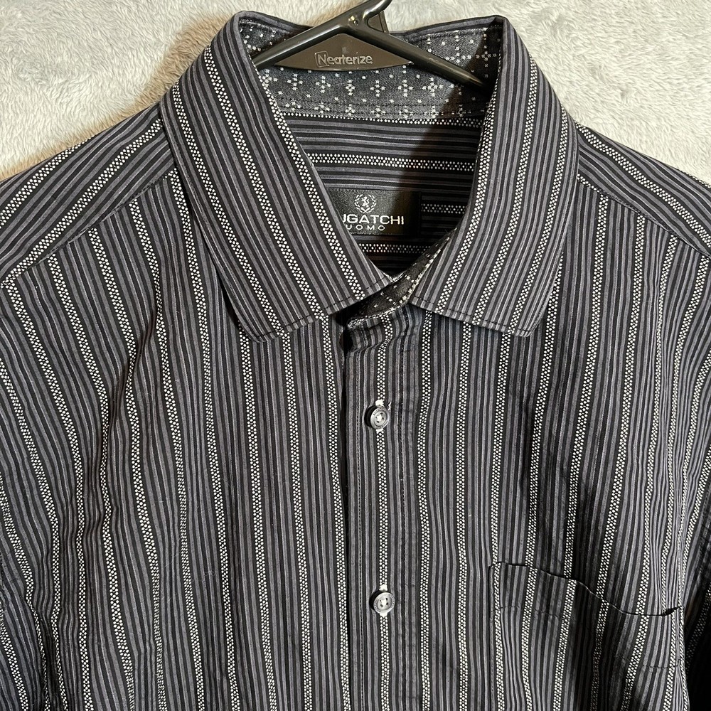 Bugatchi Uomo Mens Large Black Button Up Geometric Striped Long Sleeve Shirt