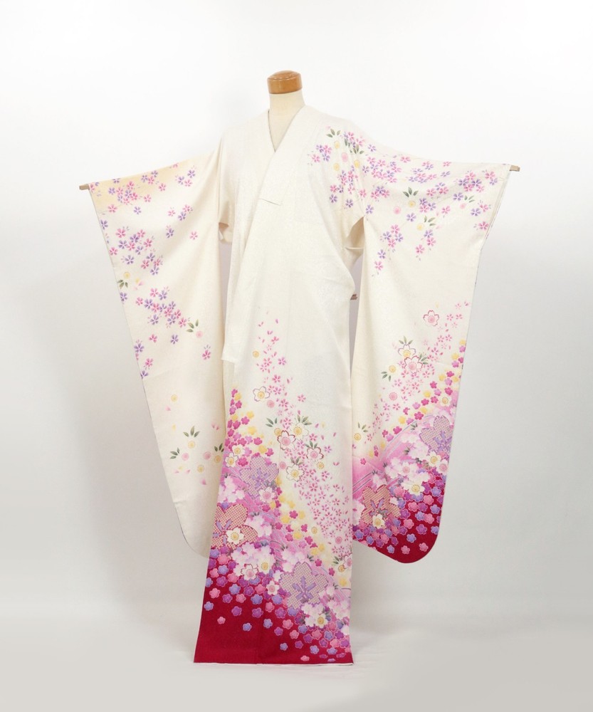 Vintage Silk Furisode Kimono: Sakura Floral, Yuzen Gold Accents, Formal 2603301