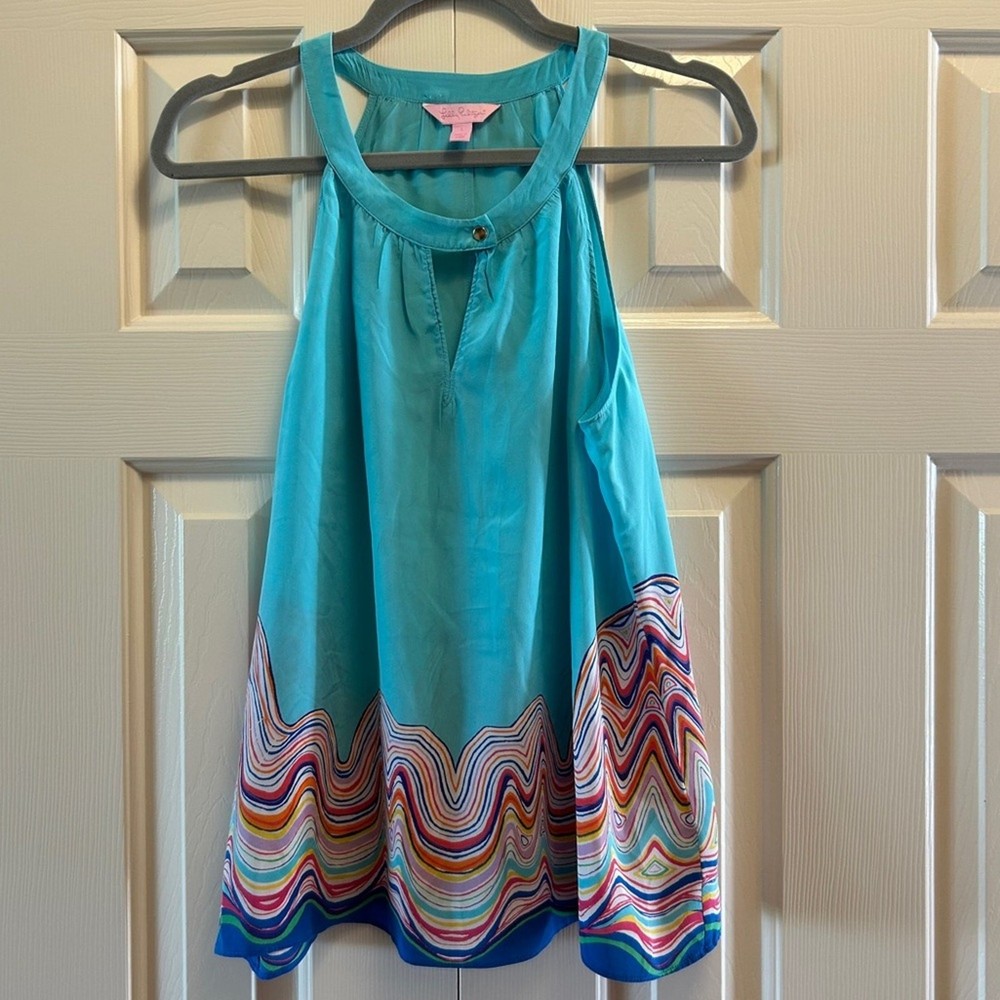 Lilly Pulitzer Womens Teal Blue Silk Blouse Colorful Print Size L