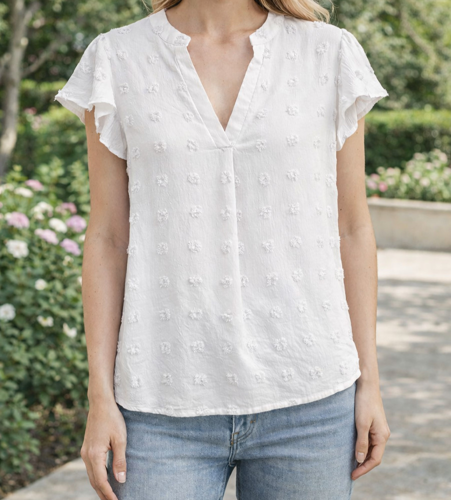 Womens B White Swiss Dot Blouse Size M Short Sleeve V-Neck Casual Top Blouse Tee