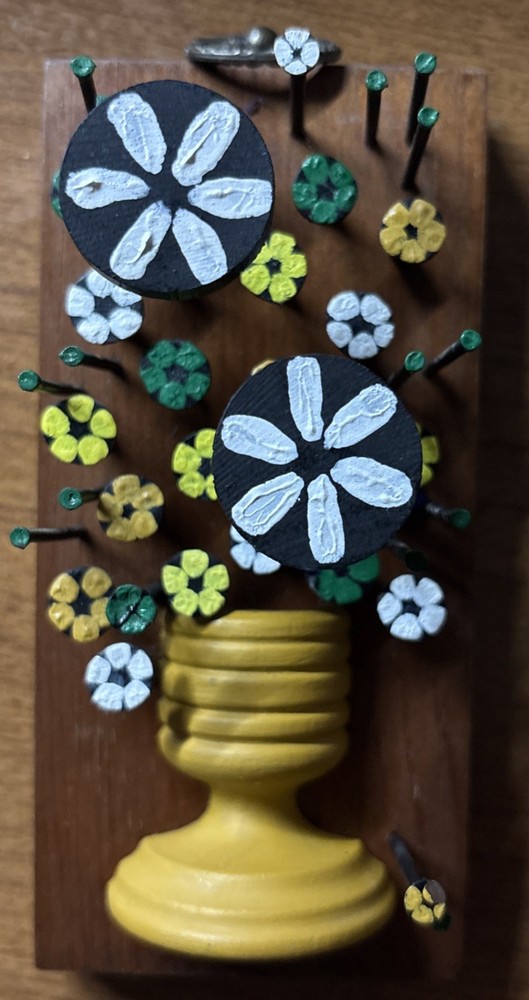 Vintage Hand Painted Folk Nail Art Wood Floral Vase Wall Hanging Grandmacore Bee