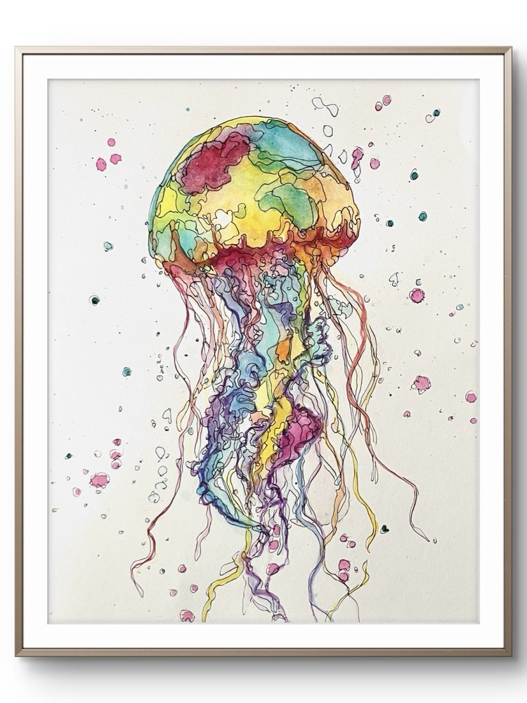 TITA PAINTZ Rainbow Jellyfish Original Handmade Watercolor 9x12 Paper Wall Art
