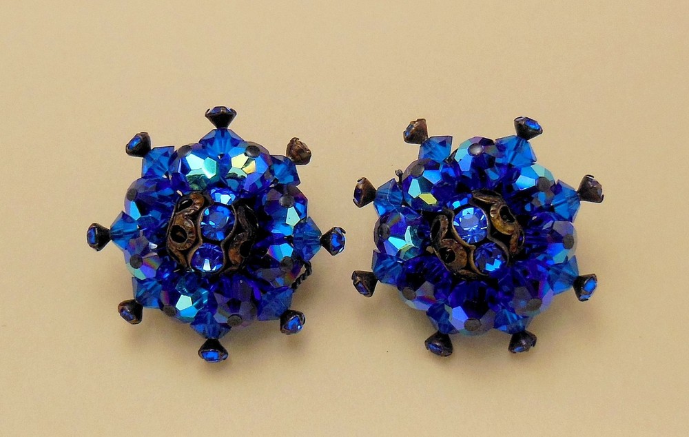 Vintage ALICE CAVINESS Faceted AB Blue Glass Black Enamel RS Filigree Earrings