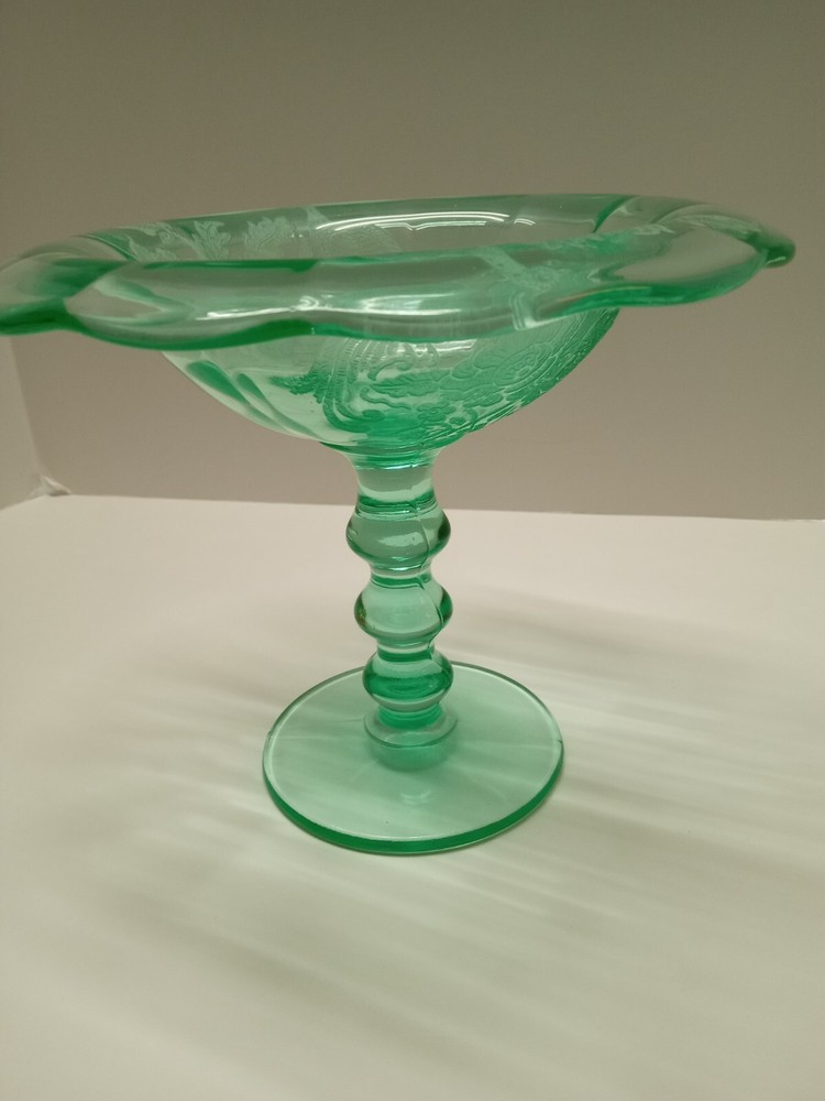 Paden City Peacock & Wild Rose Green Compote 6.25 Inches