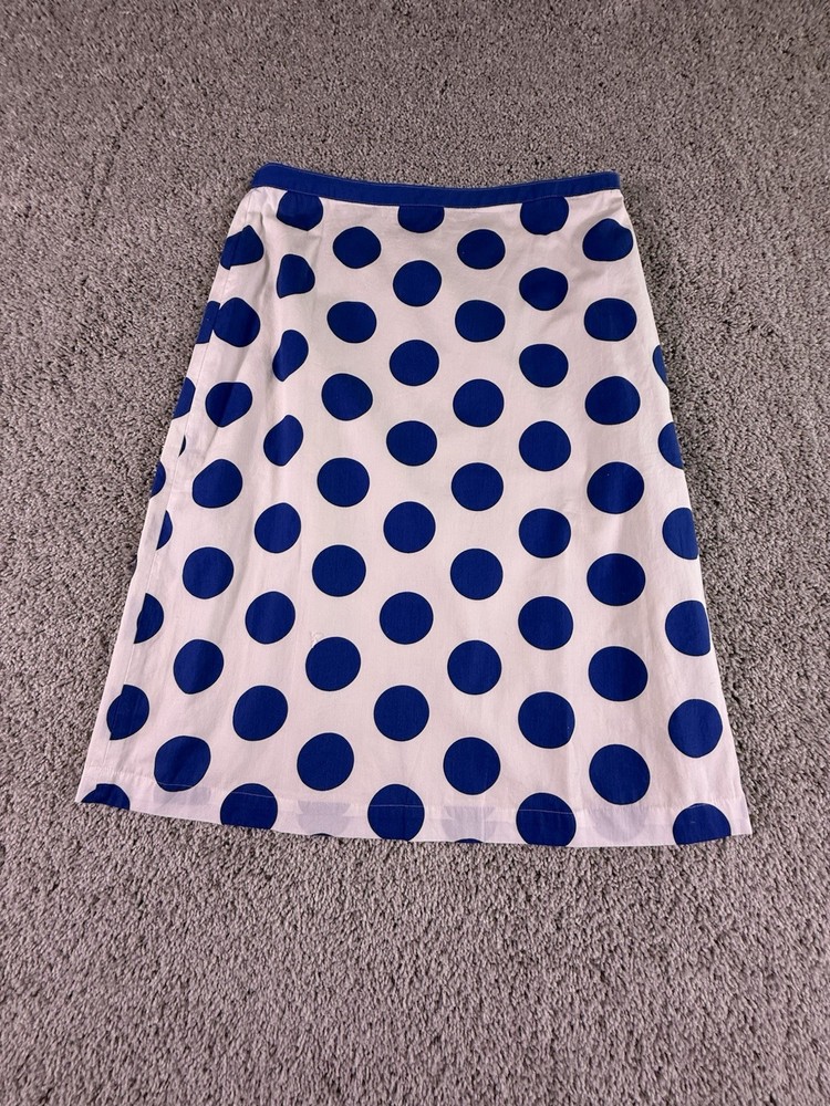 Boden Women’s Skirt Size 8 Midi White With Blue Polka Dots Lined Cotton