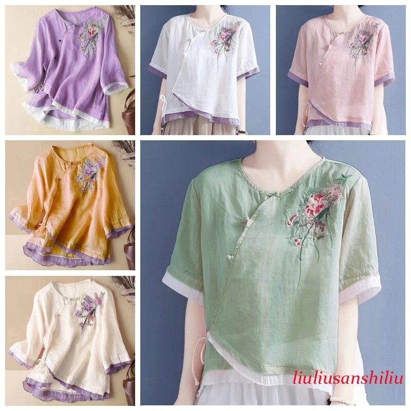 Women Cotton Hanfu Clothing Top Blouse Floral Embroidery Frog Button Chinese