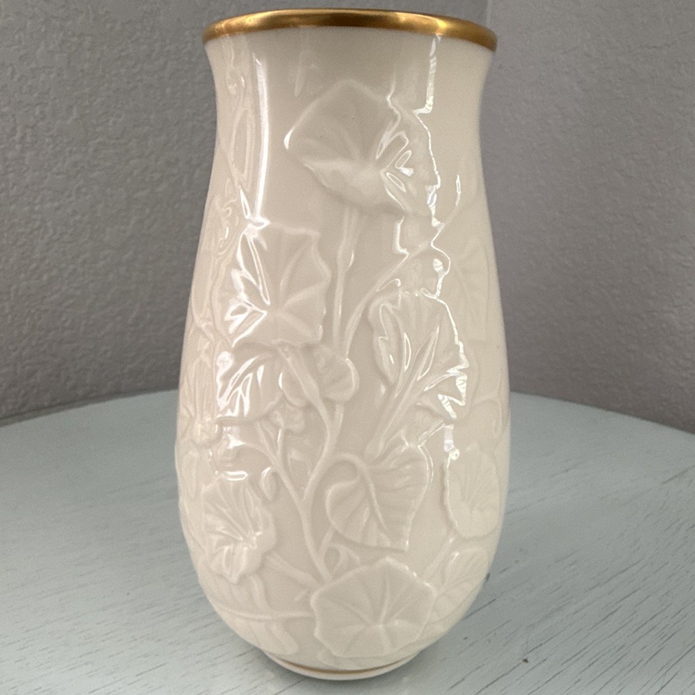 Lenox Ivory Porcelain Vase Gold Rim Floral Raised Relief Glossy Made in USA