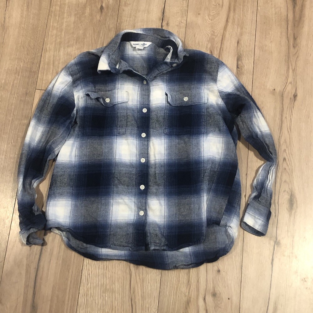 Old Navy Blue Plaid Button Up Long Sleeve Boyfriend Fit Women's Shirt Size S