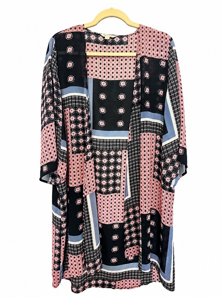 JAY JAYS Women’s L/XL Sheer Black Pink Geometric 3/4 Sleeve Open Front Kimono