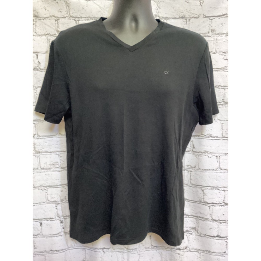 Calvin Klein Mens V-Neck T-Shirt Black Short Sleeve CK Logo Ribbed Sides Size M