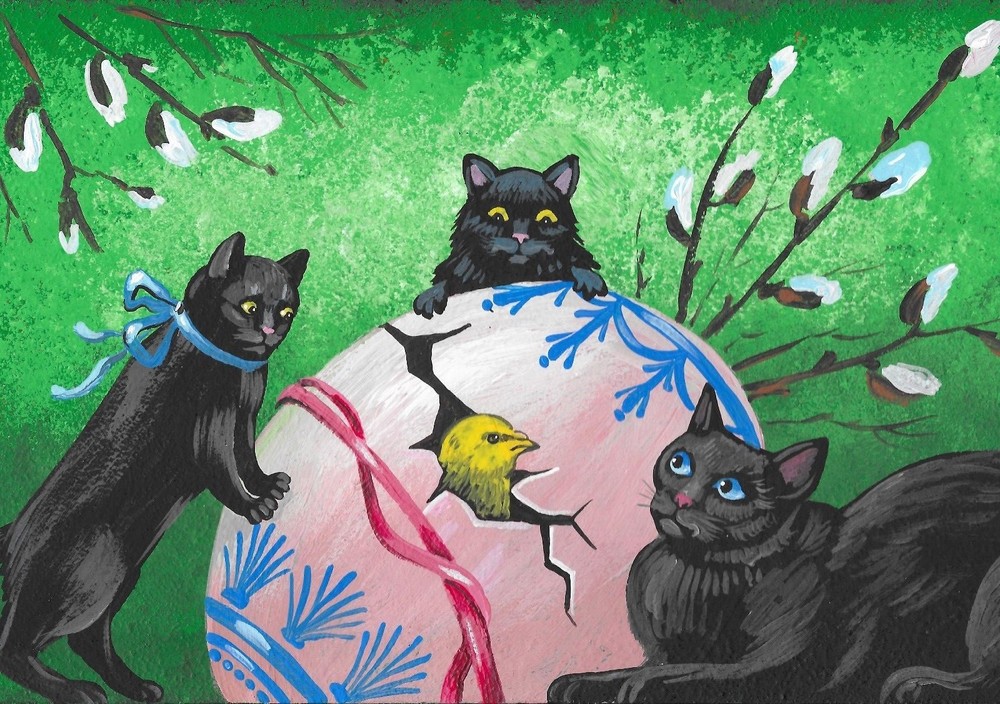 5X7 PRINT OF PAINTING EASTER BLACK CAT CHICK RYTA WHIMSICAL folk art egg flower