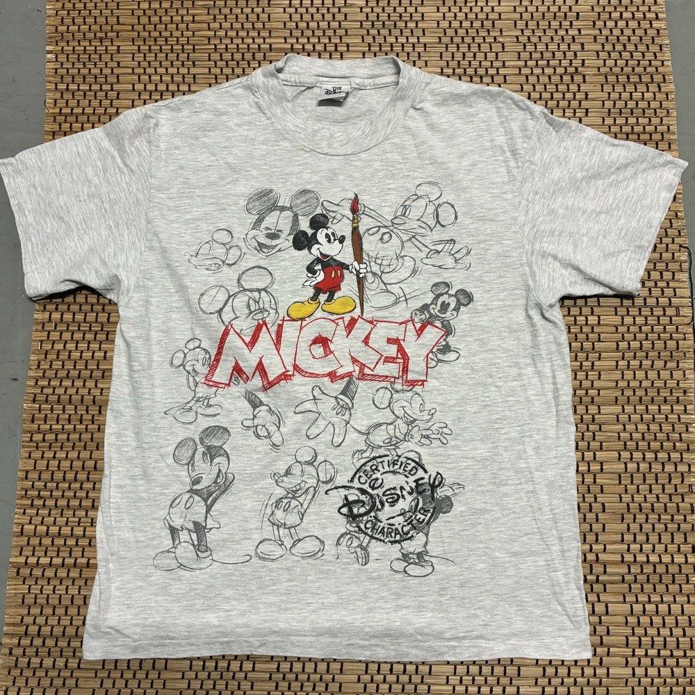 Vintage 90s Disney Store Mickey Mouse Character Sketch T-Shirt Men's Large Gray