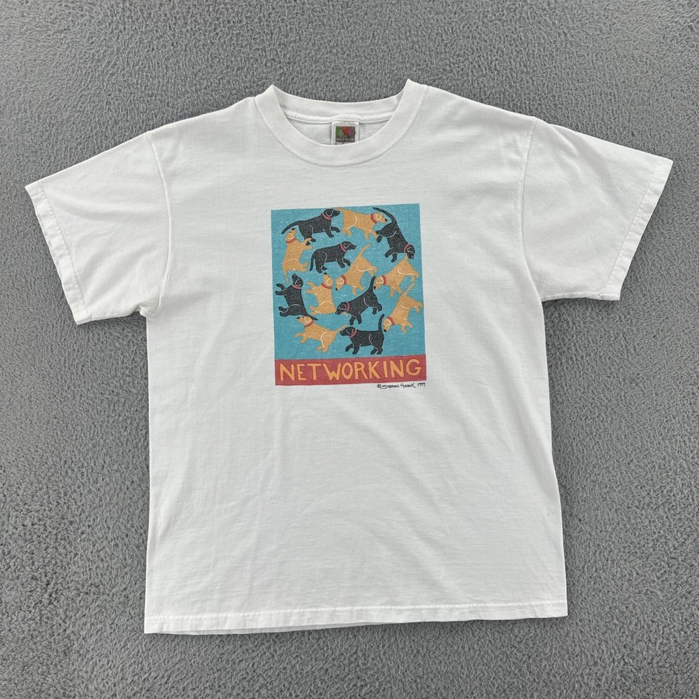 Vintage Fruit Of The Loom Lofteez Mens L White Shirt 1999 Doggie Tee NETWORKING