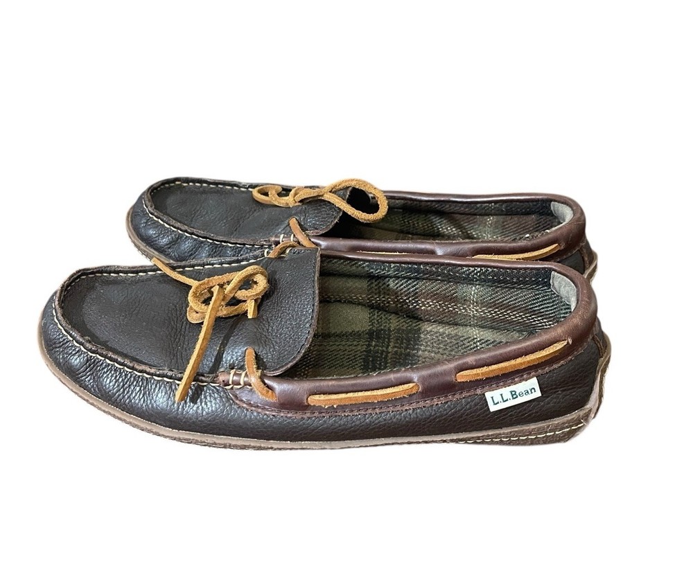 LL Bean Mens Handsewn Slippers Size 11 M Brown Leather Flannel Lined Moccasins