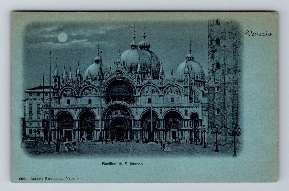 Italy- Venice Saint Marco Basilica By Moonlight Souvenir Postal Vintage Postcard