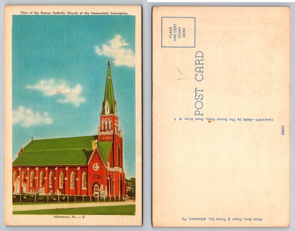 Allentown PA Roman Catholic Church Immaculate Conception Linen Postcard Vintage