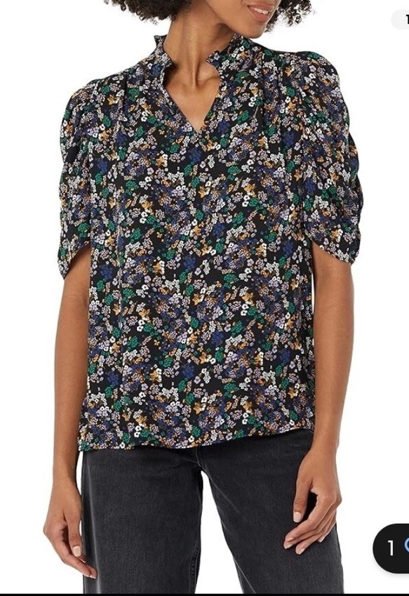NWT Amazon Essentials Floral Lightweight Georgette Ruffle Neck Woven Blouse XS