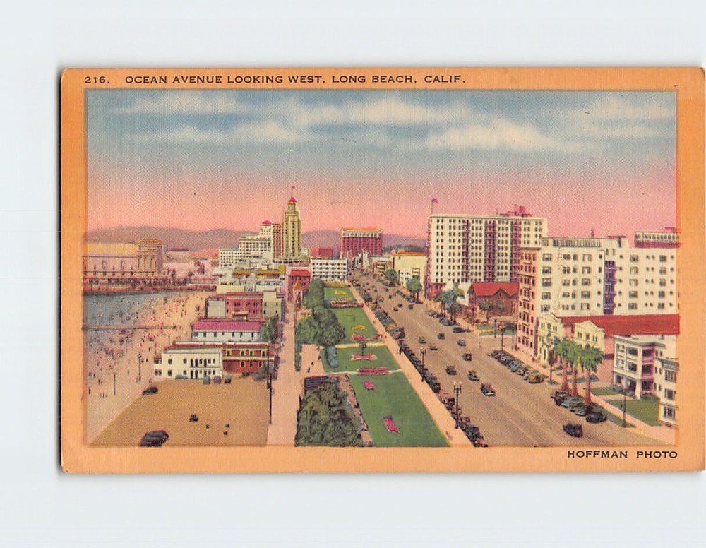 Postcard Ocean Avenue Looking West Long Beach California USA