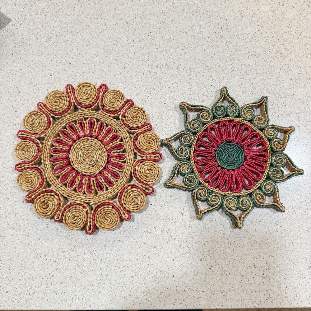 Lot of 2 Vintage Woven Wicker Straw Rattan Trivet Hot Pad  Boho MCM Colorful