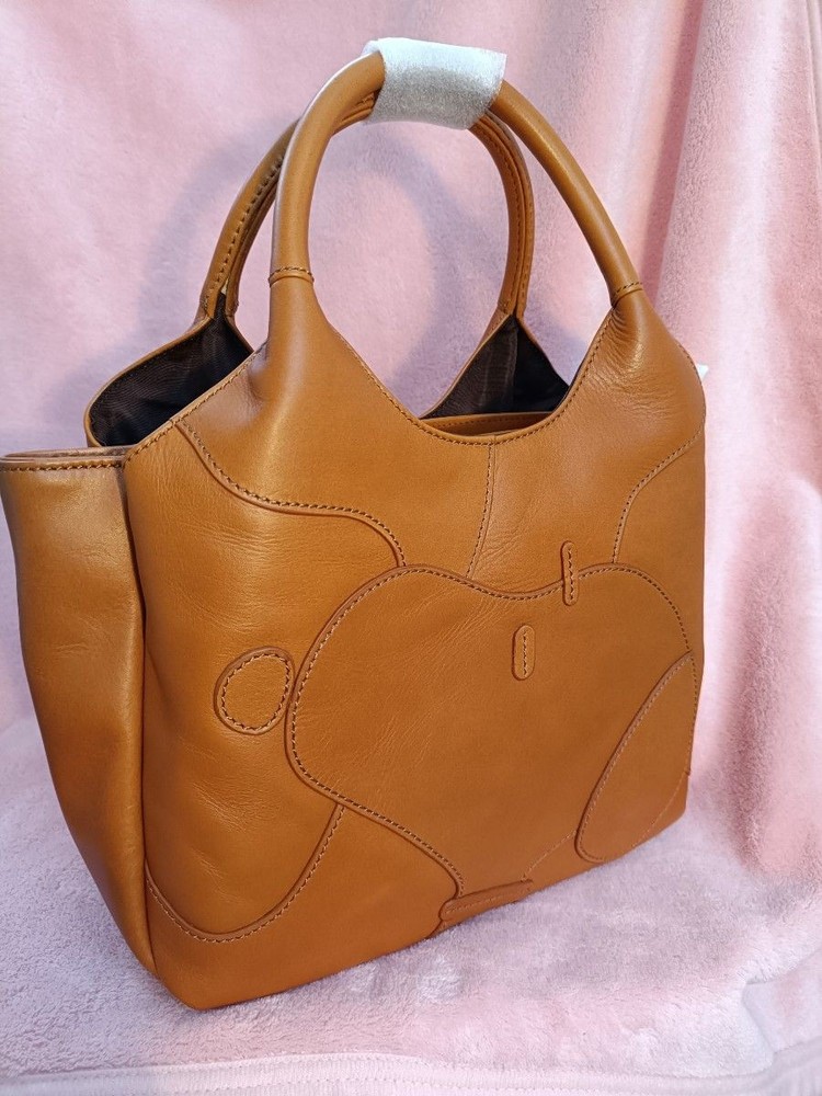Snoopy Genuine Leather Tote Bag Camel Small Handbag 20x23cm Unused