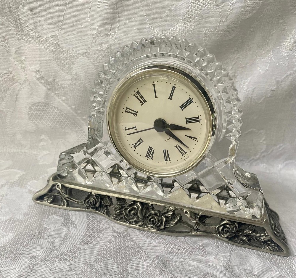 Vintage Clear Cut Glass Mantle Clock with Iron Rose Accents