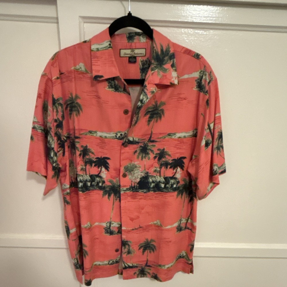 Tommy Bahama Silk Hawaiian Tropical Button-Up Shirt Pink Green S Short Sleeve